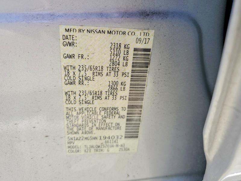 Продаж на аукціоні авто 2017 Nissan Murano, vin: 5N1AZ2MG5HN194032, номер лоту: 51648246