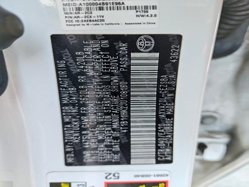 2018 Toyota Camry მანქანა იყიდება აუქციონზე, vin: 4T1B11HK2JU108160, აუქციონის ნომერი: 49158026