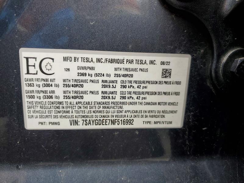 Продажа на аукционе авто 2022 Tesla Model Y, vin: 7SAYGDEE7NF516992, номер лота: 46992746