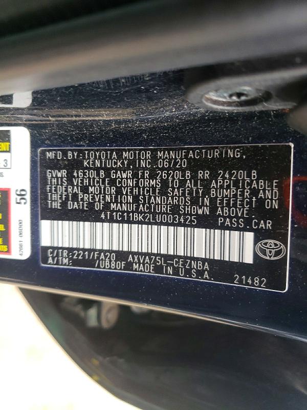 50675126 :رقم المزاد ، 4T1C11BK2LU003425 vin ، 2020 Toyota Camry مزاد بيع
