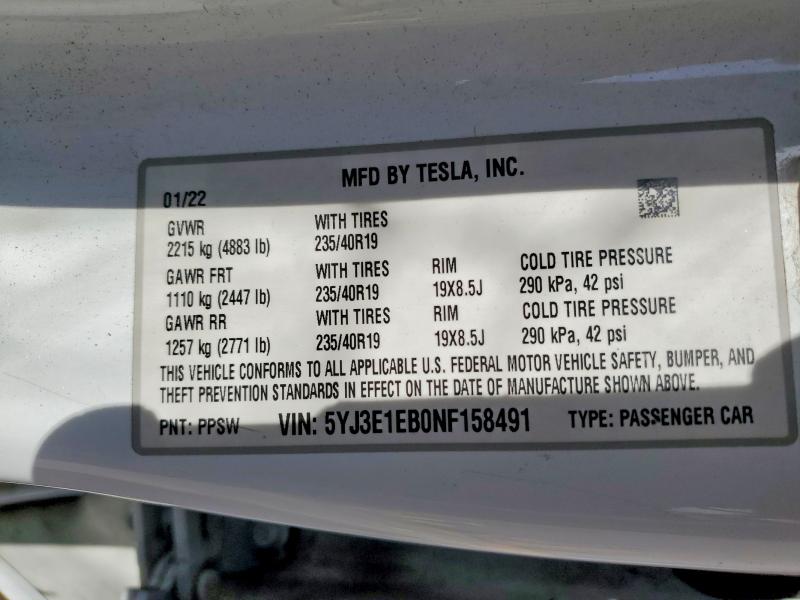 Продаж на аукціоні авто 2022 Tesla Model 3, vin: 5YJ3E1EB0NF158491, номер лоту: 48794346