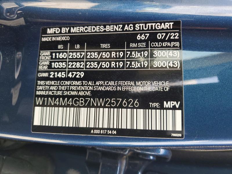 48610706 :رقم المزاد ، W1N4M4GB7NW257626 vin ، 2022 Mercedes-benz Glb مزاد بيع