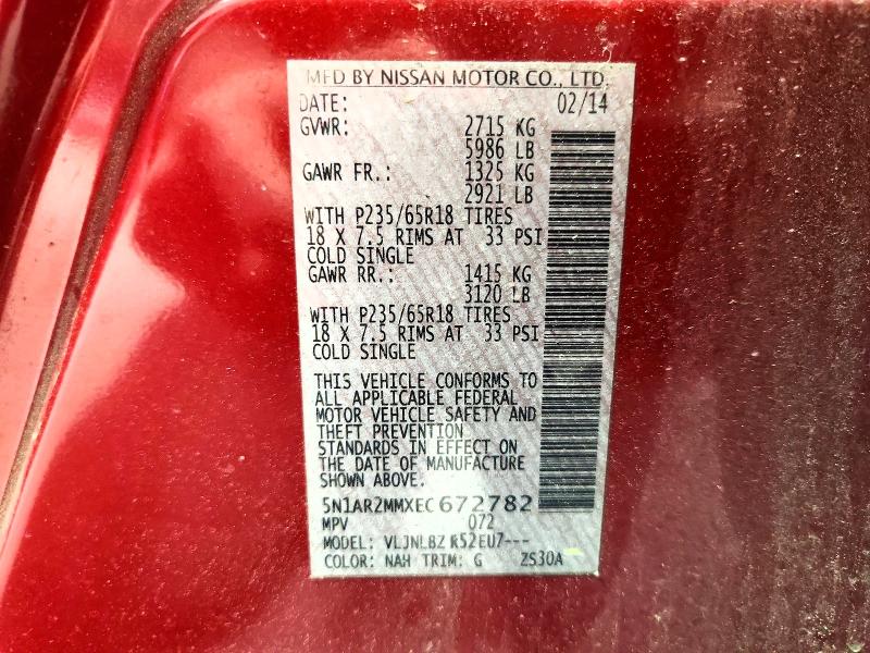 50642436 :رقم المزاد ، 5N1AR2MMXEC672782 vin ، 2014 Nissan Pathfinder مزاد بيع