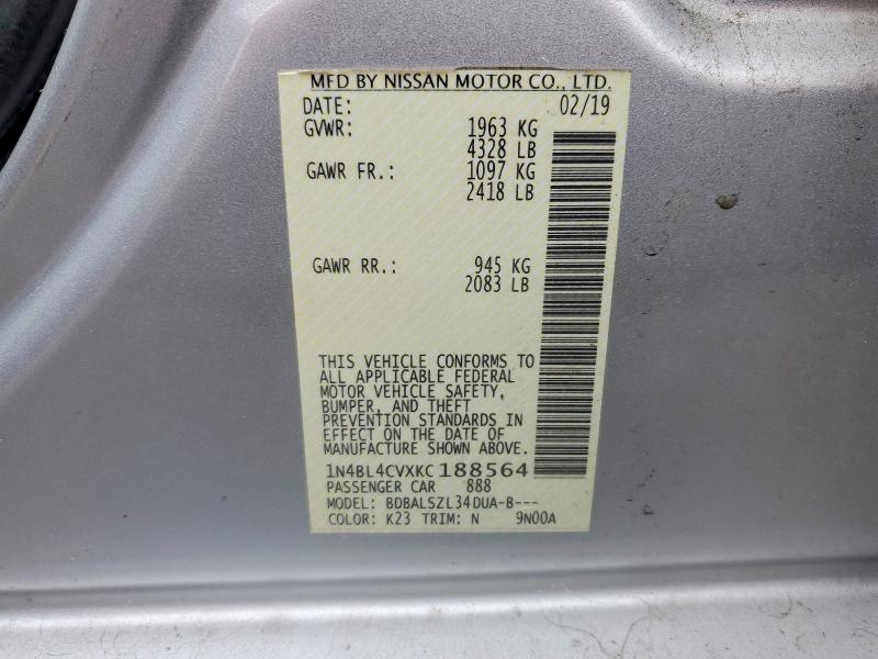 2019 Nissan Altima მანქანა იყიდება აუქციონზე, vin: 1N4BL4CVXKC188564, აუქციონის ნომერი: 48006036