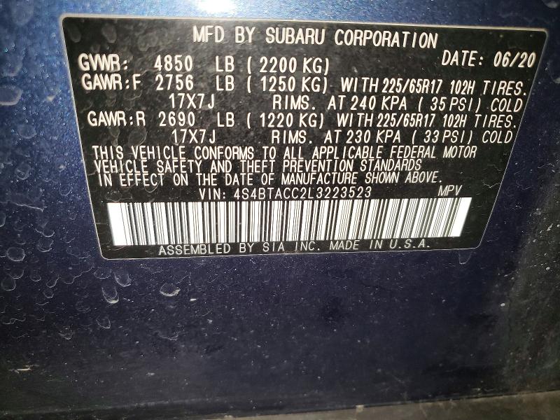 49672456 :رقم المزاد ، 4S4BTACC2L3223523 vin ، 2020 Subaru Outback مزاد بيع