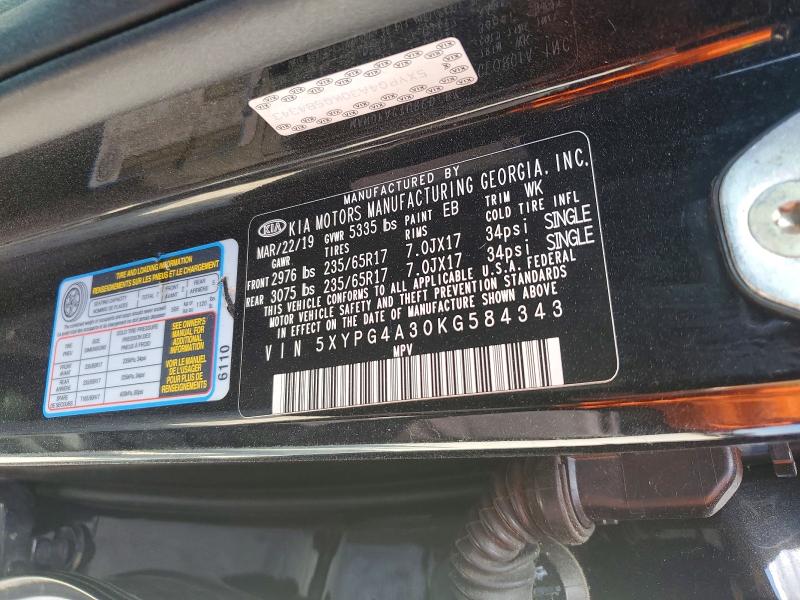 2019 Kia Sorento მანქანა იყიდება აუქციონზე, vin: 5XYPG4A30KG584343, აუქციონის ნომერი: 49095266