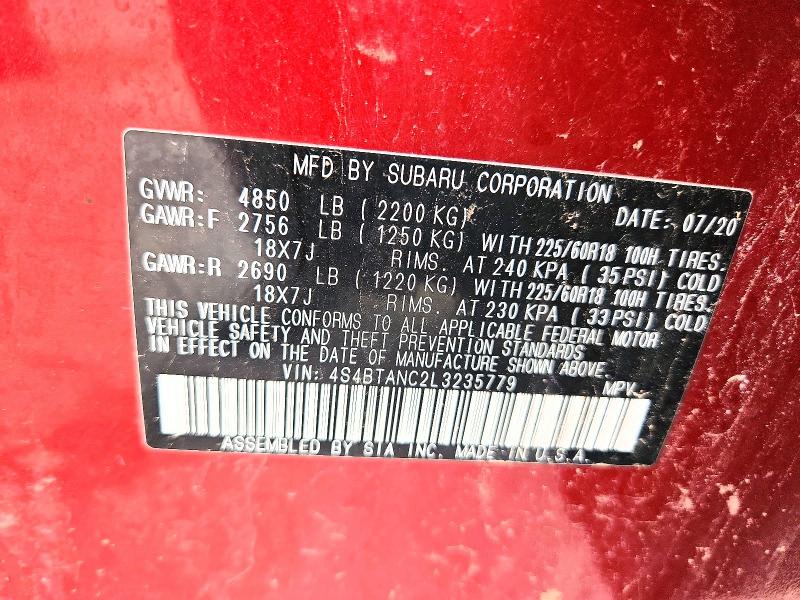2020 Subaru Outback მანქანა იყიდება აუქციონზე, vin: 4S4BTANC2L3235779, აუქციონის ნომერი: 49475726