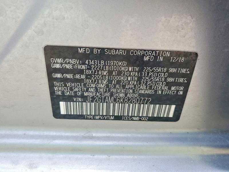 Aukcja sprzedaży 2019 Subaru Crosstrek, vin: JF2GTAMC6K8280772, numer aukcji: 50948776