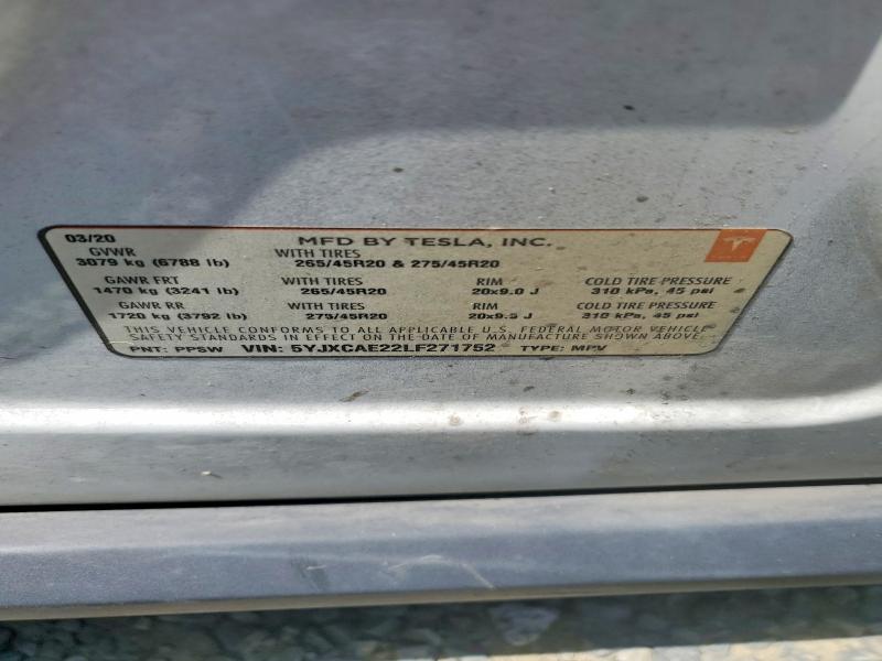 50149396 :رقم المزاد ، 5YJXCAE22LF271752 vin ، 2020 Tesla Model X مزاد بيع