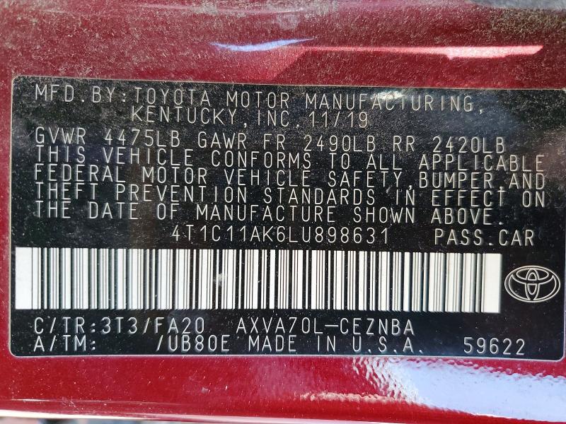 2020 Toyota Camry მანქანა იყიდება აუქციონზე, vin: 4T1C11AK6LU898631, აუქციონის ნომერი: 51068016