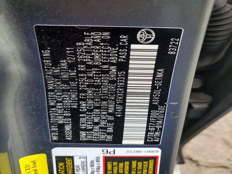 48276506 :رقم المزاد ، 4T4BF1FKXCR183315 vin ، 2012 Toyota Camry مزاد بيع