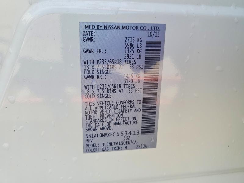 Aukcja sprzedaży 2015 Infiniti Qx60, vin: 5N1AL0MMXFC553413, numer aukcji: 50853356