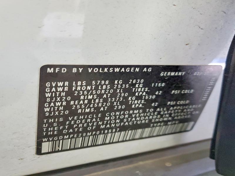 Aukcja sprzedaży 2021 Volkswagen Id.4, vin: WVGDMPE29MP019597, numer aukcji: 51709196