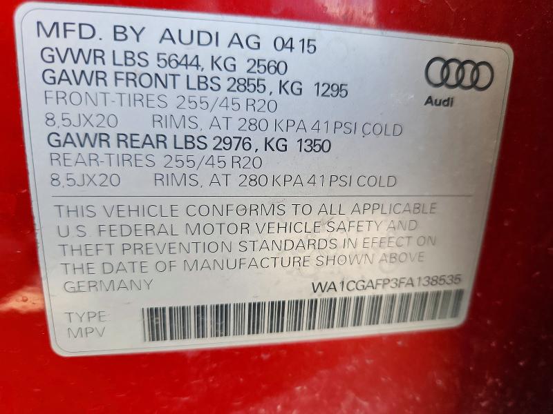 48854896 :رقم المزاد ، WA1CGAFP3FA138535 vin ، 2015 Audi Sq5 مزاد بيع