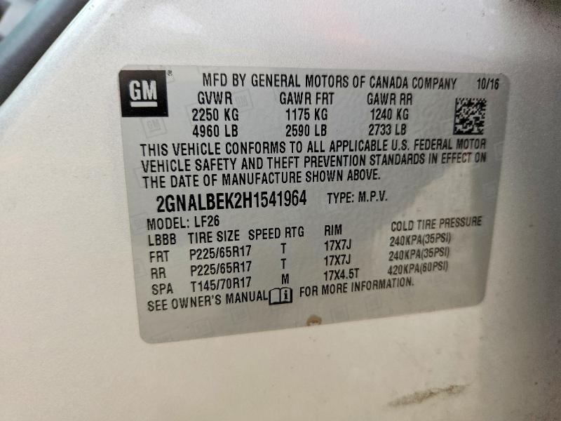 50879166 :رقم المزاد ، 2GNALBEK2H1541964 vin ، 2017 Chevrolet Equinox مزاد بيع
