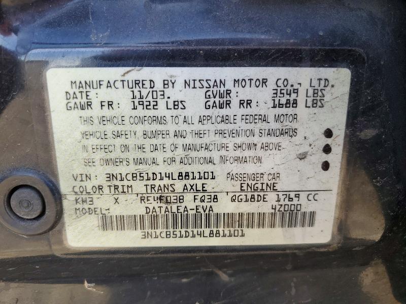 51485206 :رقم المزاد ، 3N1CB51D14L881101 vin ، 2004 Nissan Sentra مزاد بيع