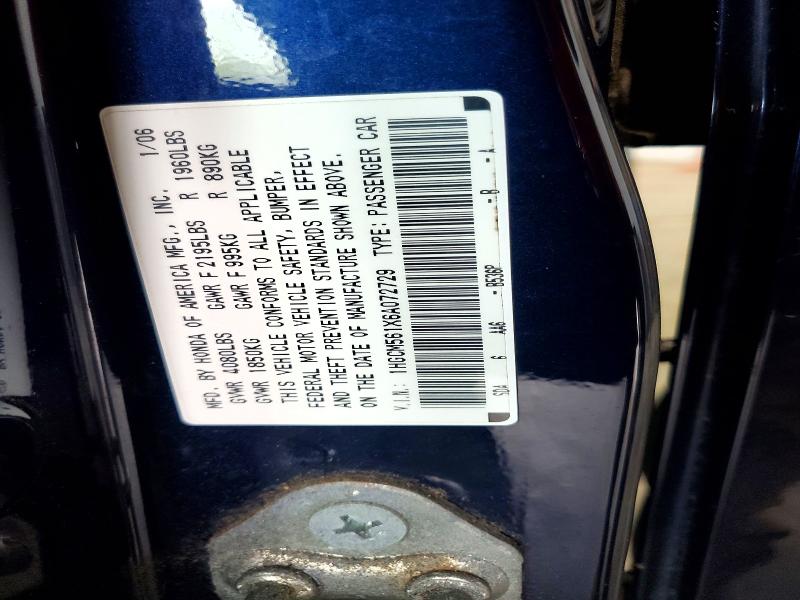 2006 Honda Accord მანქანა იყიდება აუქციონზე, vin: 1HGCM561X6A072729, აუქციონის ნომერი: 52074376