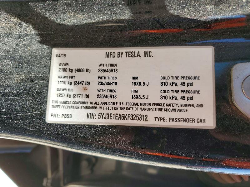 Aukcja sprzedaży 2019 Tesla Model 3, vin: 5YJ3E1EA6KF325312, numer aukcji: 47345236