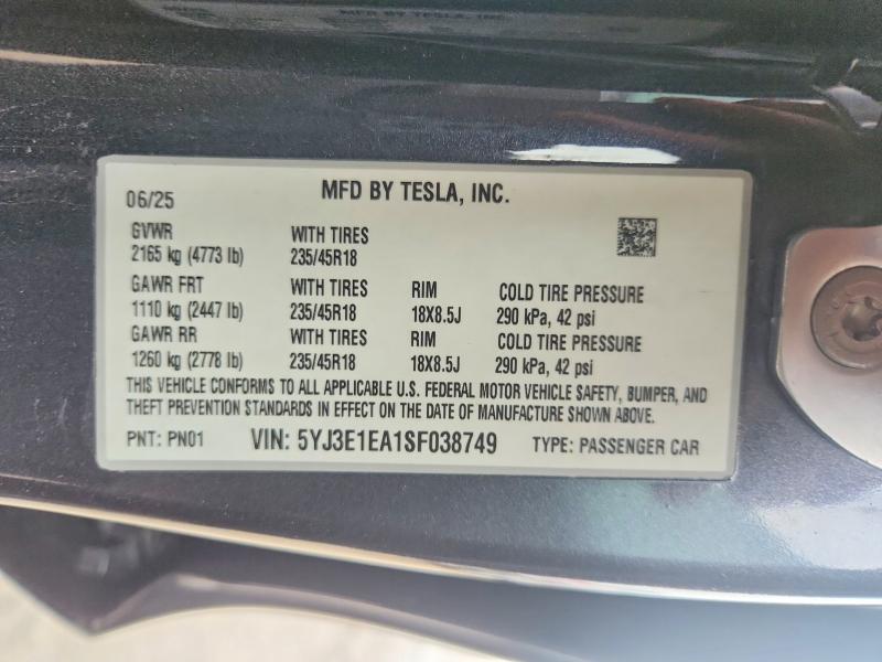 Aukcja sprzedaży 2025 Tesla Model 3, vin: 5YJ3E1EA1SF038749, numer aukcji: 50448066