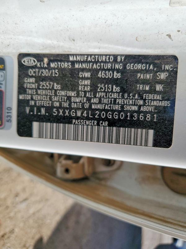 50446036 :رقم المزاد ، 5XXGW4L20GG013681 vin ، 2016 Kia Optima مزاد بيع