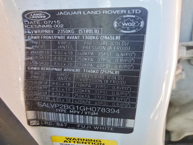 Aukcja sprzedaży 2016 Land Rover Range Rover Evoque, vin: SALVP2BG1GH078394, numer aukcji: 50432536