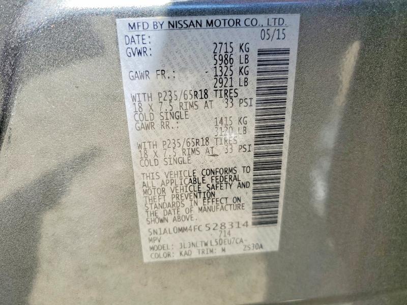 49941676 :رقم المزاد ، 5N1AL0MM4FC528314 vin ، 2015 Infiniti Qx60 مزاد بيع