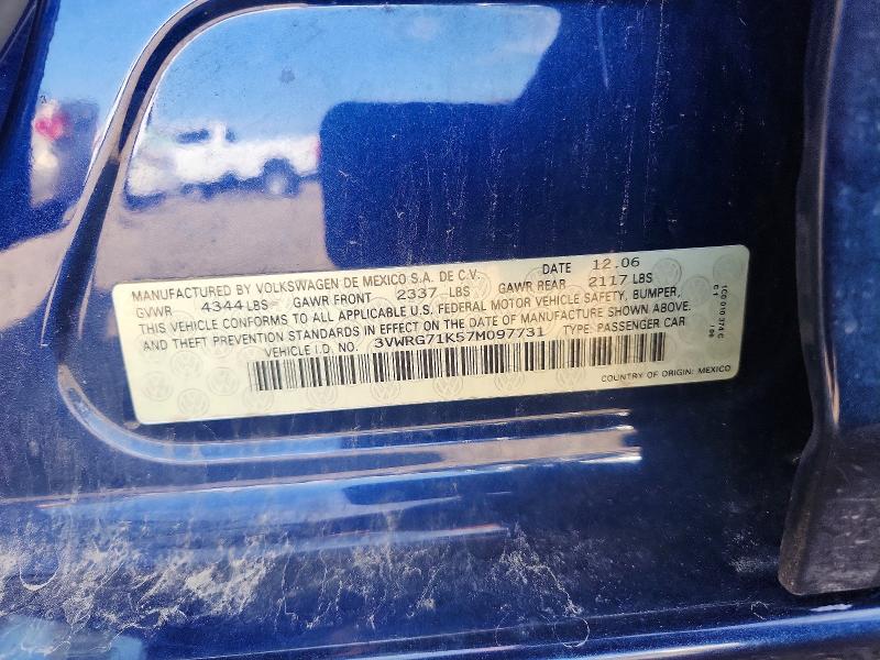 50177376 :رقم المزاد ، 3VWRG71K57M097731 vin ، 2007 Volkswagen Jetta مزاد بيع