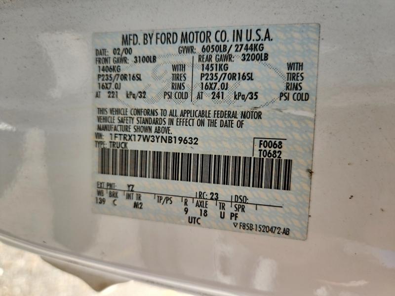 2000 Ford F150 მანქანა იყიდება აუქციონზე, vin: 1FTRX17W3YNB19632, აუქციონის ნომერი: 49955846