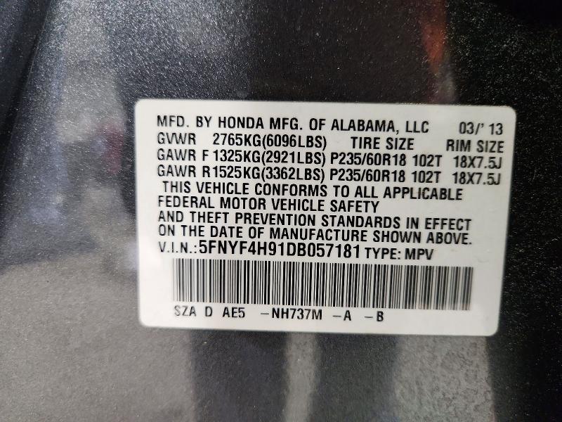 2013 Honda Pilot მანქანა იყიდება აუქციონზე, vin: 5FNYF4H91DB057181, აუქციონის ნომერი: 50773386
