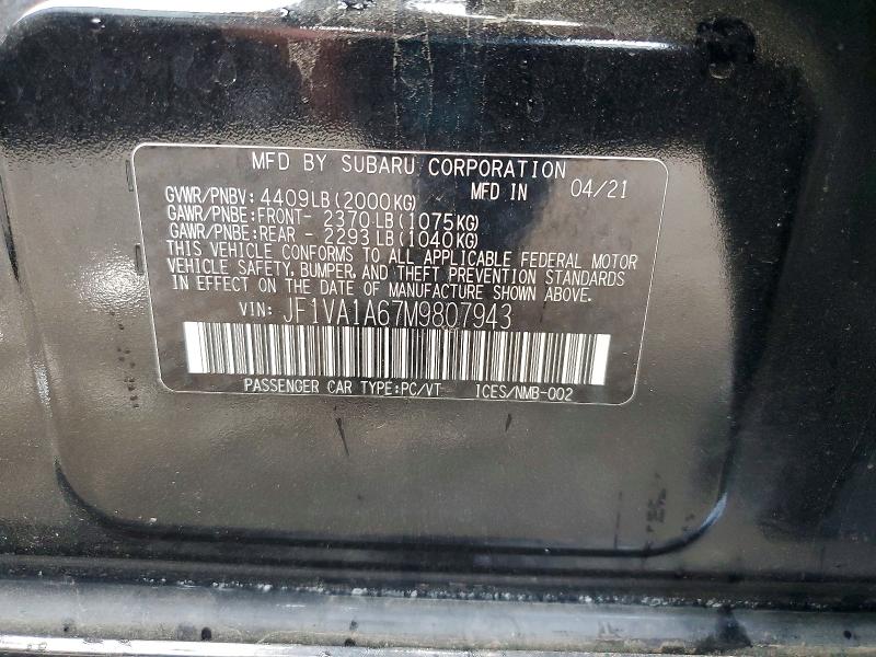 51863996 :رقم المزاد ، JF1VA1A67M9807943 vin ، 2021 Subaru Wrx مزاد بيع