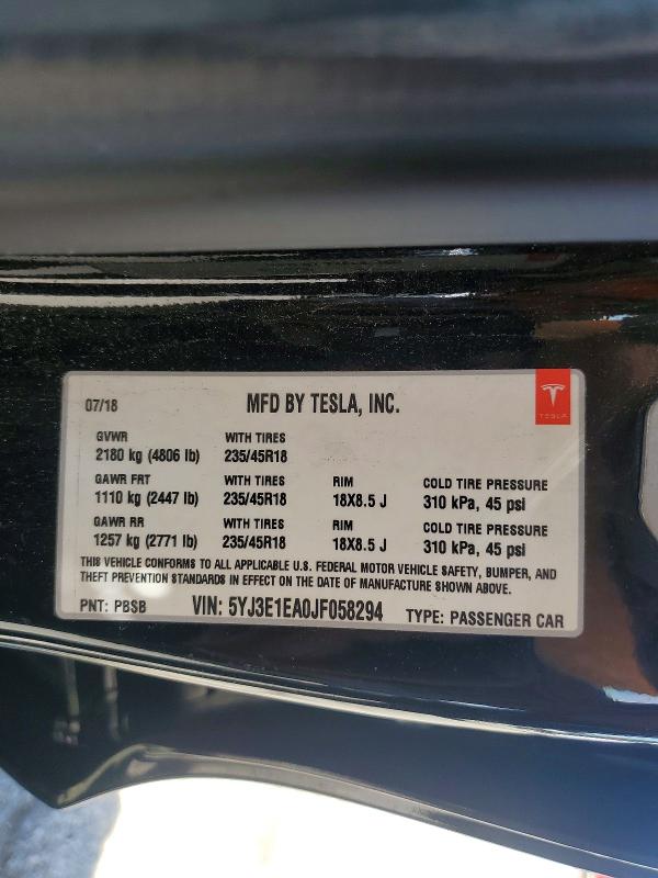 Aukcja sprzedaży 2018 Tesla Model 3, vin: 5YJ3E1EA0JF058294, numer aukcji: 51036986