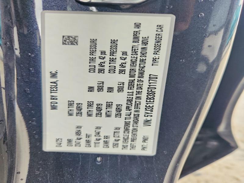 2025 Tesla Model 3 მანქანა იყიდება აუქციონზე, vin: 5YJ3E1EB3SF011707, აუქციონის ნომერი: 51584296