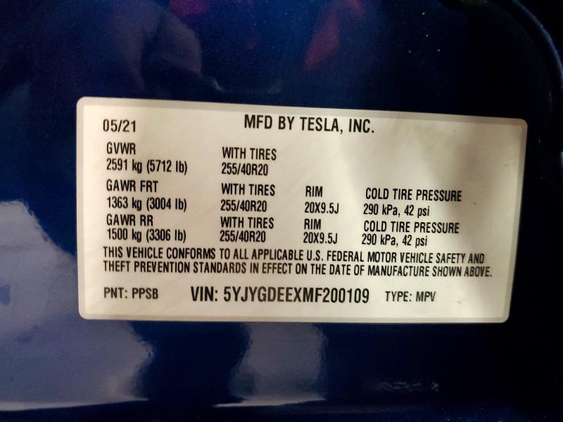 2021 Tesla Model Y მანქანა იყიდება აუქციონზე, vin: 5YJYGDEEXMF200109, აუქციონის ნომერი: 48576106
