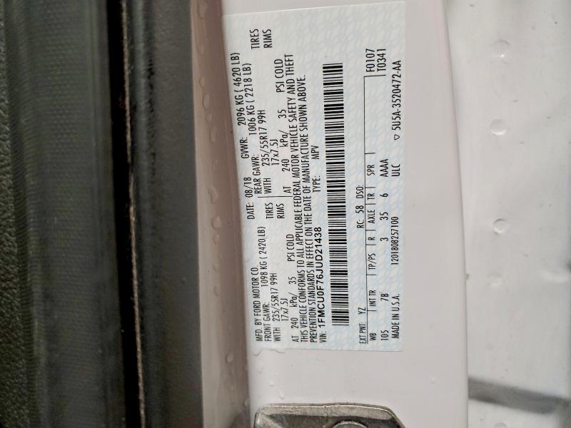 2018 Ford Escape მანქანა იყიდება აუქციონზე, vin: 1FMCU0F76JUD21438, აუქციონის ნომერი: 51715186