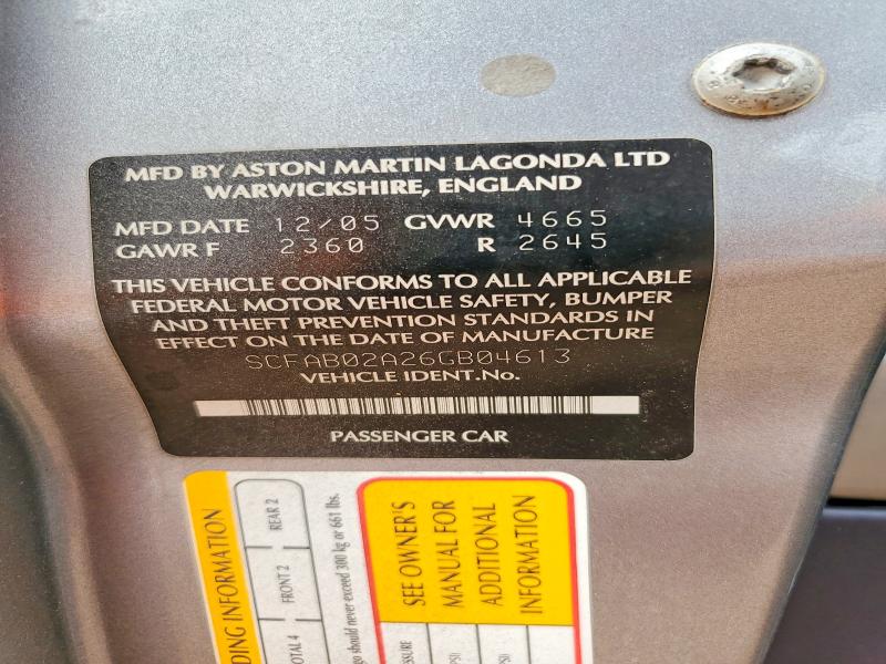 Aukcja sprzedaży 2006 Aston Martin Db9, vin: SCFAB02A26GB04613, numer aukcji: 48990986