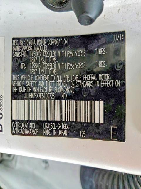 76448745 :رقم المزاد ، JTJBM7FX7F5100728 vin ، 2015 Lexus Gx مزاد بيع