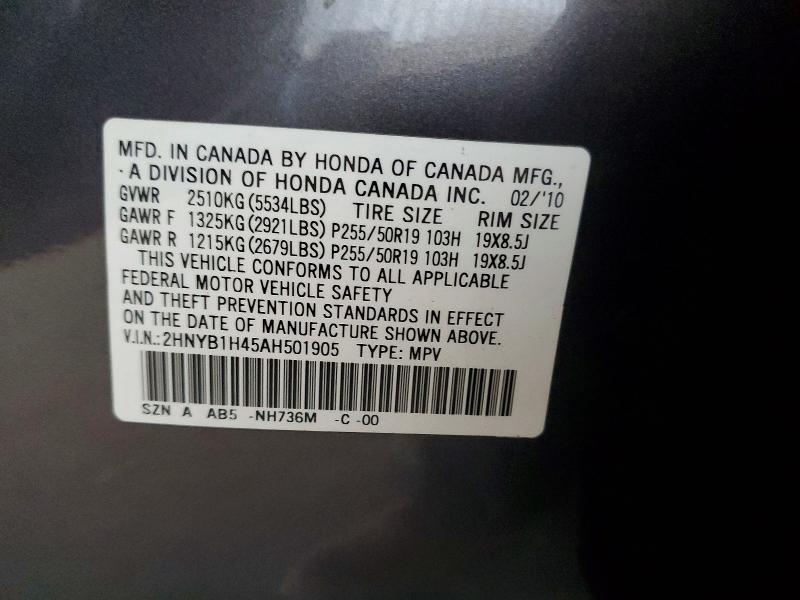 Aukcja sprzedaży 2010 Acura Zdx, vin: 2HNYB1H45AH501905, numer aukcji: 48480306