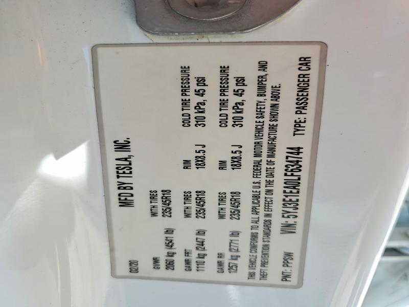 50004106 :رقم المزاد ، 5YJ3E1EA0LF634744 vin ، 2020 Tesla Model 3 مزاد بيع
