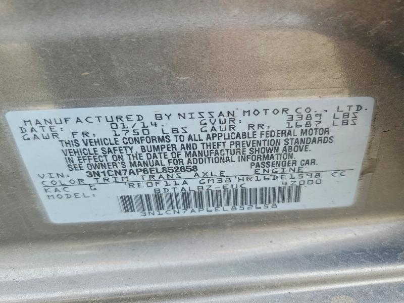 Продаж на аукціоні авто 2014 Nissan Versa, vin: 3N1CN7AP6EL852658, номер лоту: 48585976