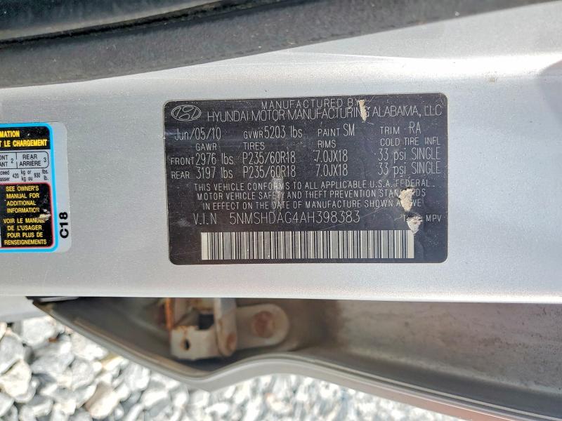 50559386 :رقم المزاد ، 5NMSHDAG4AH398383 vin ، 2010 Hyundai Santa Fe مزاد بيع