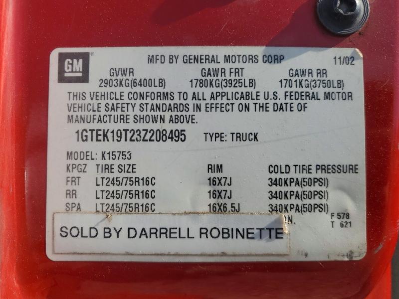 49475316 :رقم المزاد ، 1GTEK19T23Z208495 vin ، 2003 Gmc New Sierra مزاد بيع