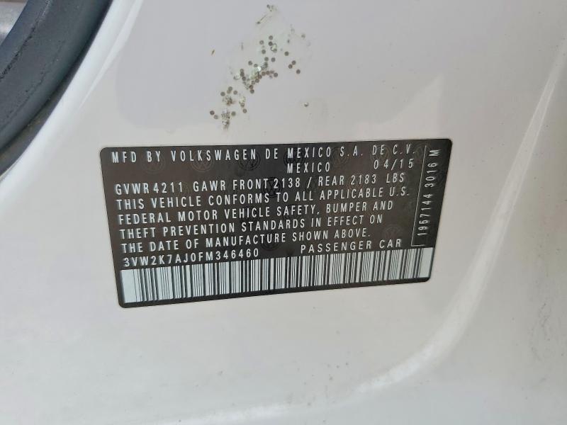 48341206 :رقم المزاد ، 3VW2K7AJ0FM346460 vin ، 2015 Volkswagen Jetta مزاد بيع