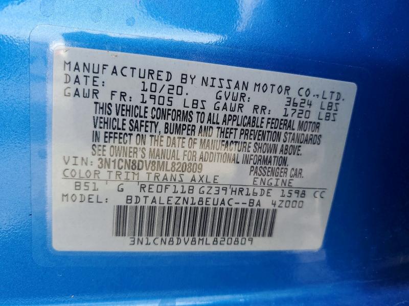 50138966 :رقم المزاد ، 3N1CN8DV8ML820809 vin ، 2021 Nissan Versa مزاد بيع