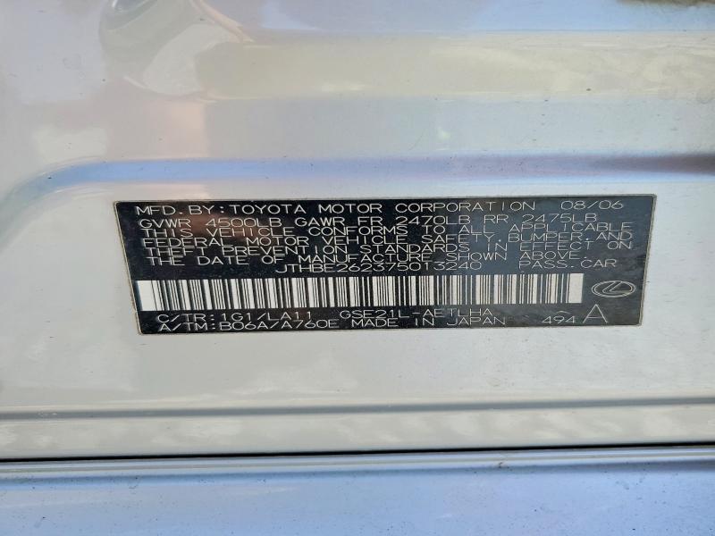 50602376 :رقم المزاد ، JTHBE262375013240 vin ، 2007 Lexus Is مزاد بيع