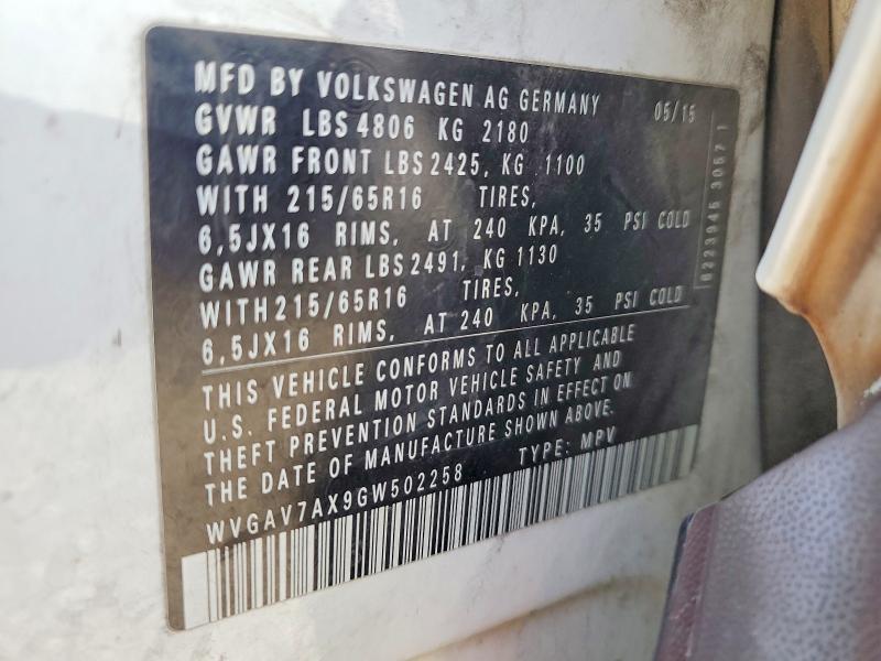 51342196 :رقم المزاد ، WVGAV7AX9GW502258 vin ، 2016 Volkswagen Tiguan مزاد بيع