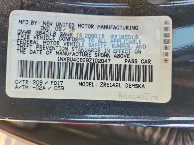 51033386 :رقم المزاد ، 1NXBU40E69Z102047 vin ، 2009 Toyota Corolla مزاد بيع