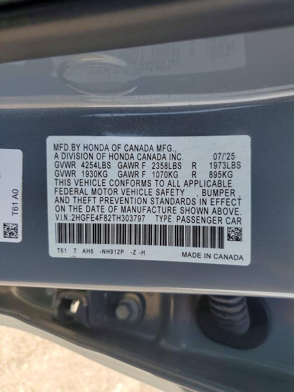 Продажа на аукционе авто 2026 Honda Civic, vin: 2HGFE4F82TH303797, номер лота: 47164856