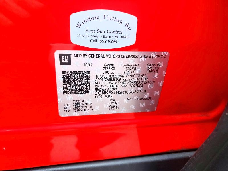 47186606 :رقم المزاد ، 3GNKBGRS4KS627318 vin ، 2019 Chevrolet Blazer مزاد بيع