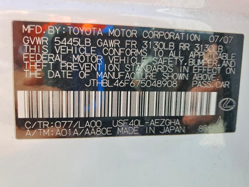 Aukcja sprzedaży 2007 Lexus Ls, vin: JTHBL46F675048908, numer aukcji: 49278106