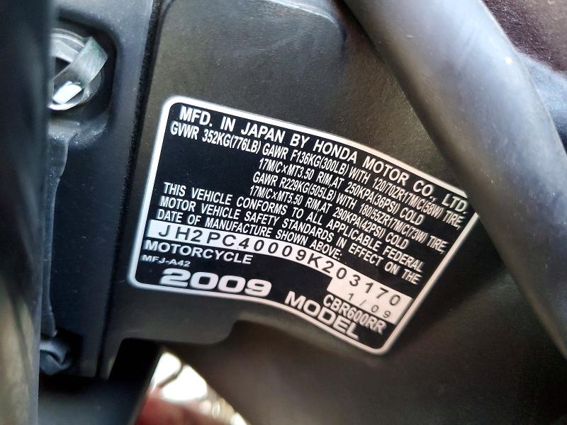 Продаж на аукціоні авто 2009 Honda Cbr600, vin: JH2PC40009K203170, номер лоту: 48290636